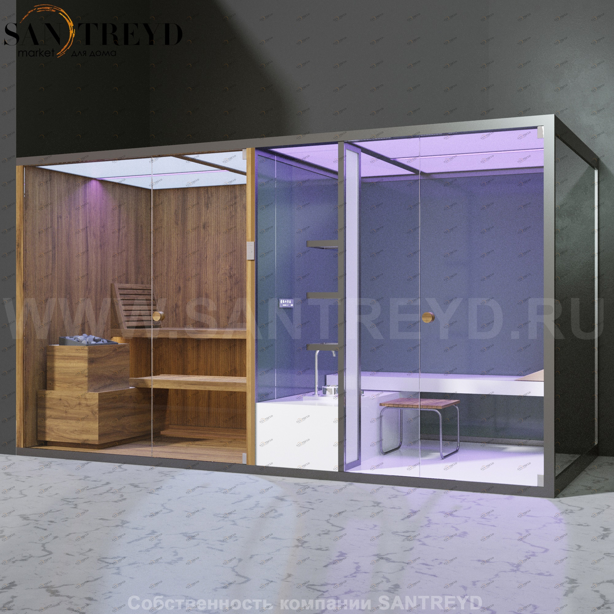 Effegibi BODYLOVE SH BL40230004 Фронтальная комбинированная баня: хаммам и сауна. Установка: в левый угол. Мощность: 15 кВт макс. Размеры: длина 393 см, ширина 176 см. Отделка: термообработанная древесина, гладкое стекло и гладкая термообработанная древес