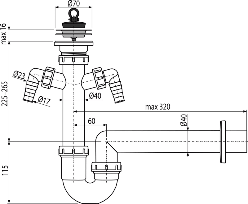 Сифон трубчатый с нержавеющей peшeткой DN70 и двумя штуцерами ALCAPLAST A820DN40 - Вид №1