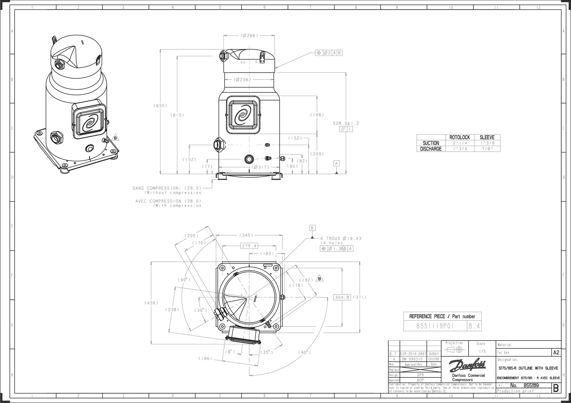 Danfoss SY — Герметичные спиральные компрессоры, R22, R134a, R407C SY240A4PBM Компрессор спиральный SY240A4PBM  - Вид №6