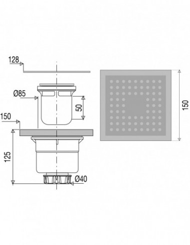 568823 000 00  Напольный слив для душа, h. 125 мм, вертикальный выход Д. 40 мм, решетка из хромированного металла Valentin Хром  - Вид №2