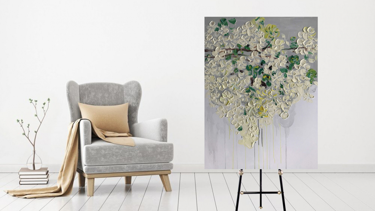 Картина на холсте 120х90 см "Белые цветы" EVENHOME КАРТИНЫ МАСЛОМ 130014 Белый;зеленый;серый;разноцветный  - Вид №1