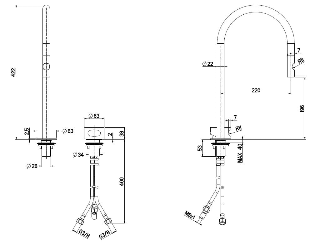 Смеситель для кухни из нержавеющей стали со съемным ручным душем Quadrodesign Kitchen Inox ARCH-00049948 - Вид №8