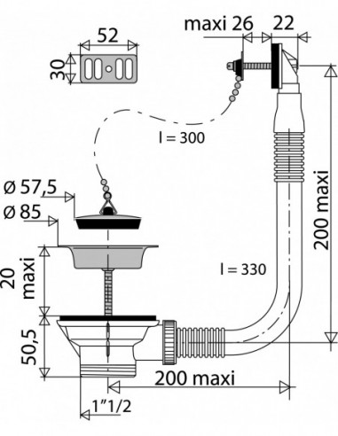 852600 000 00  Пробка для раковины с цепным ограничителем и переливом, Д. 60 мм, зажим 0/60 мм, NF, хромированная Valentin Сталь  - Вид №2