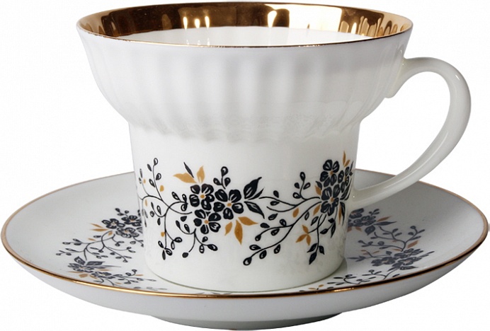 88664 Императорский фарфоровый завод Чашка с блюдцем "Тонкие веточки 1" "Волна" Фарфор костяной 