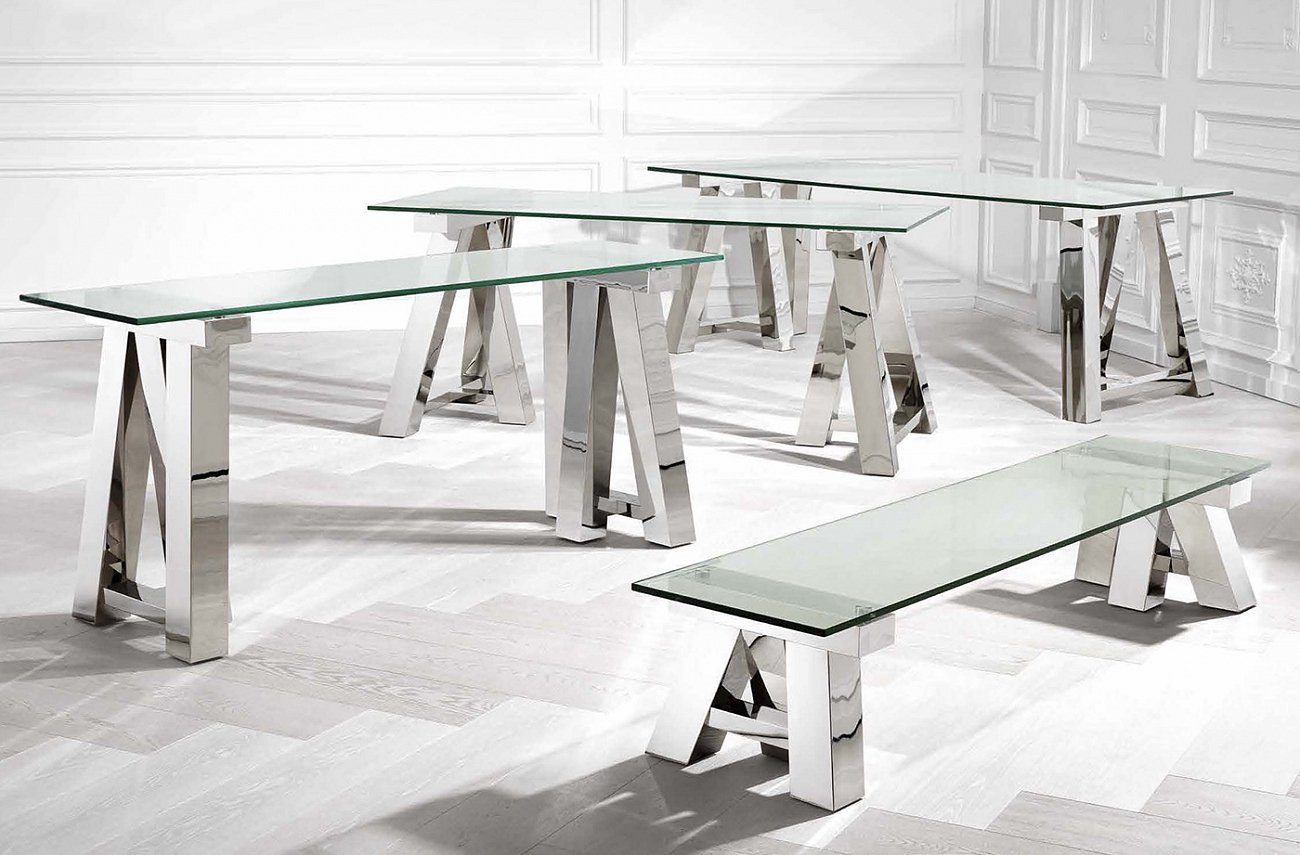 Обеденный стол стеклянный со стальными ножками 220 см Marathon от Eichholtz EICHHOLTZ  246068 Прозрачный;хром  - Вид №1