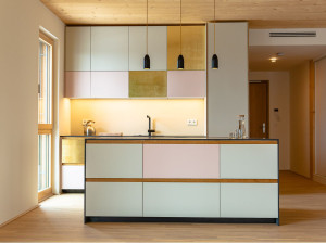 Деревянная линейная кухня с островом