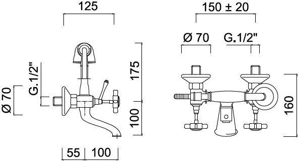Rubinetteria Giulini Смеситель для ванны с ручным душем на 2 отверстия Kensington 3700 - Вид №1