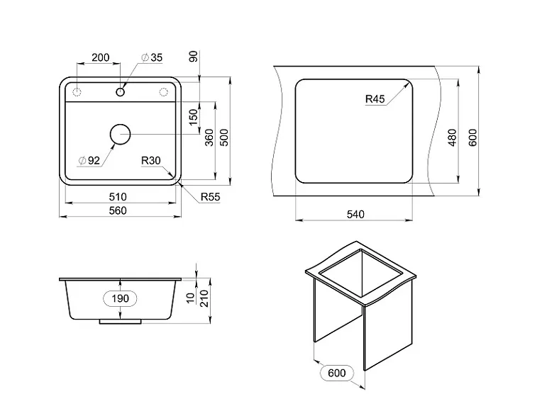 5601, БАЗАЛЬТ, кухонная мойка, СтандАРТ кварц GRANULA Standart 5601-ST40 - Вид №2