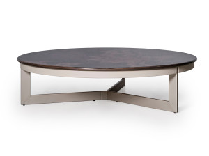 Журнальный столик с металлической основой, кожаной подложкой и столешницей из орехового дерева или мрамора