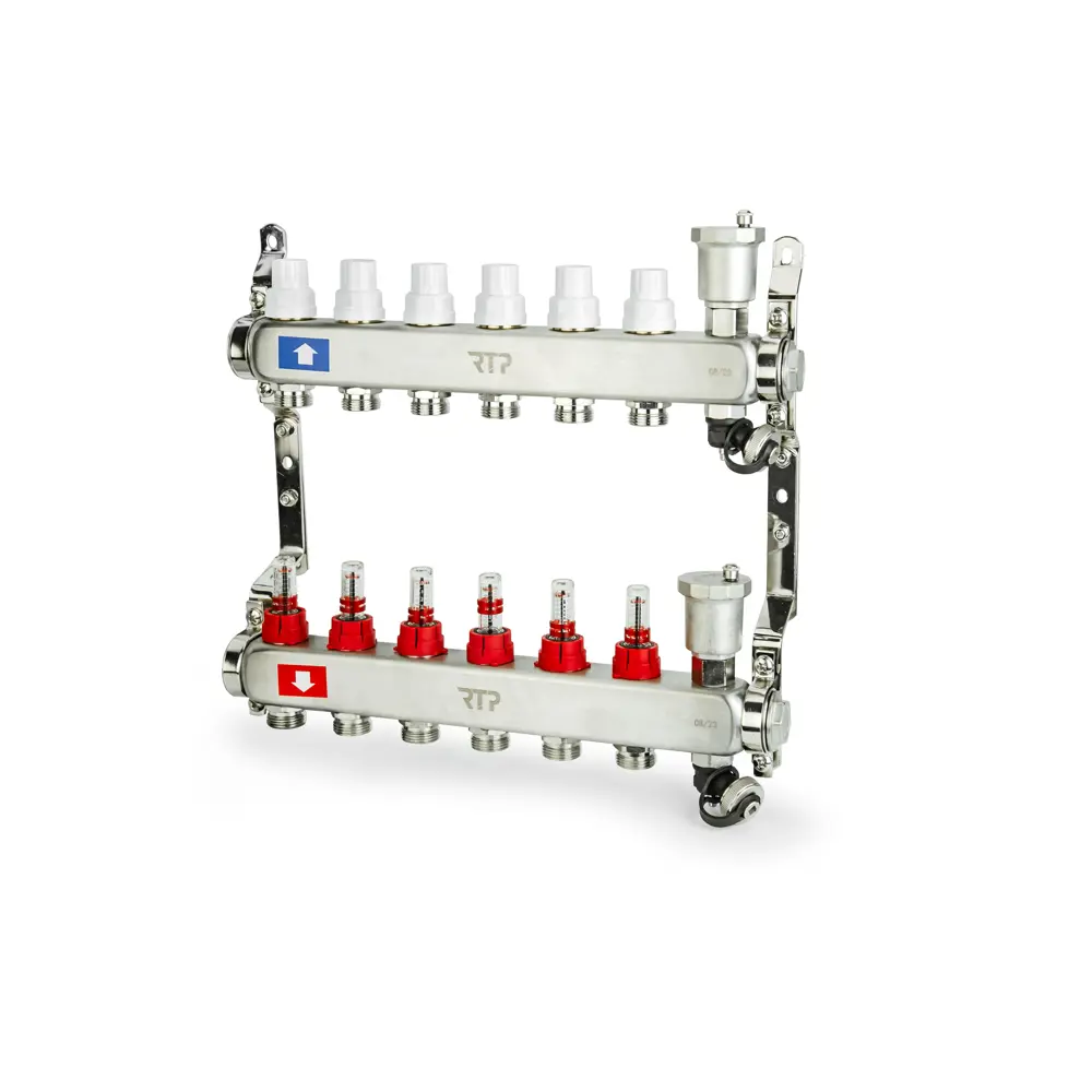 Коллекторная группа для теплого пола RTP 1"х3/4" евроконус 6 выходов нержавеющая сталь STLM-2025106