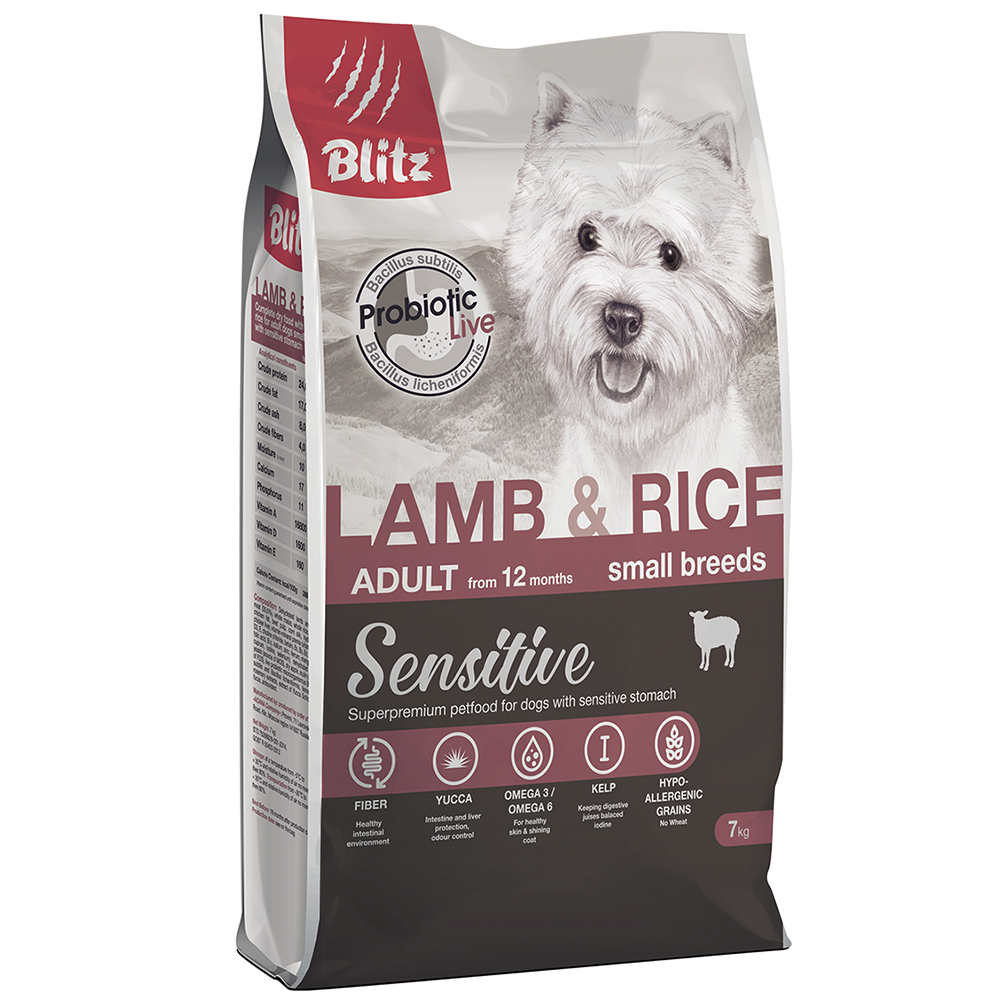 ПР0055585 Корм для собак Sensitive для мелких пород ягненок, рис сух. 7кг Blitz 