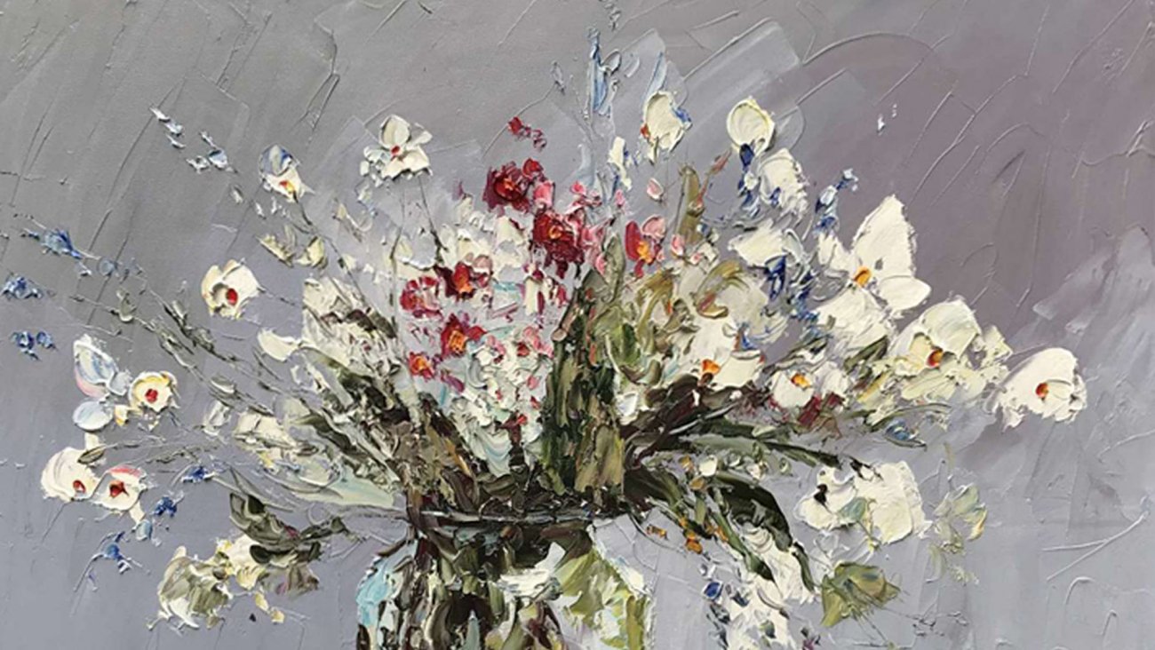 Картина на холсте 100х100 см "Цветы в горшке - 2" EVENHOME КАРТИНЫ МАСЛОМ 129914 Бежевый;белый;зеленый  - Вид №2