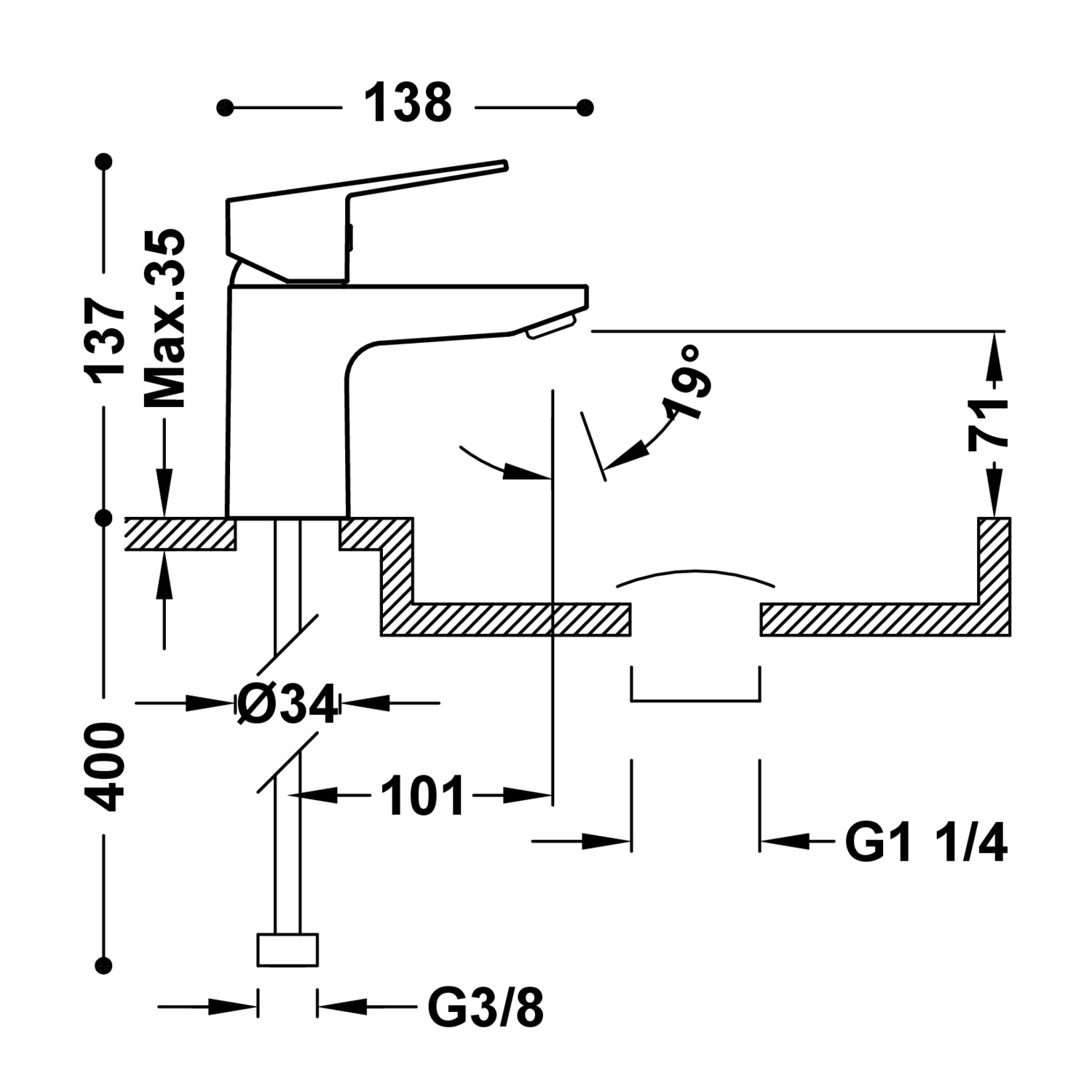 БАЗОВЫЙ однорычажный смеситель для раковины с тремя ручками и сливным клапаном Click-clack-21510310D TRES Base - Вид №1