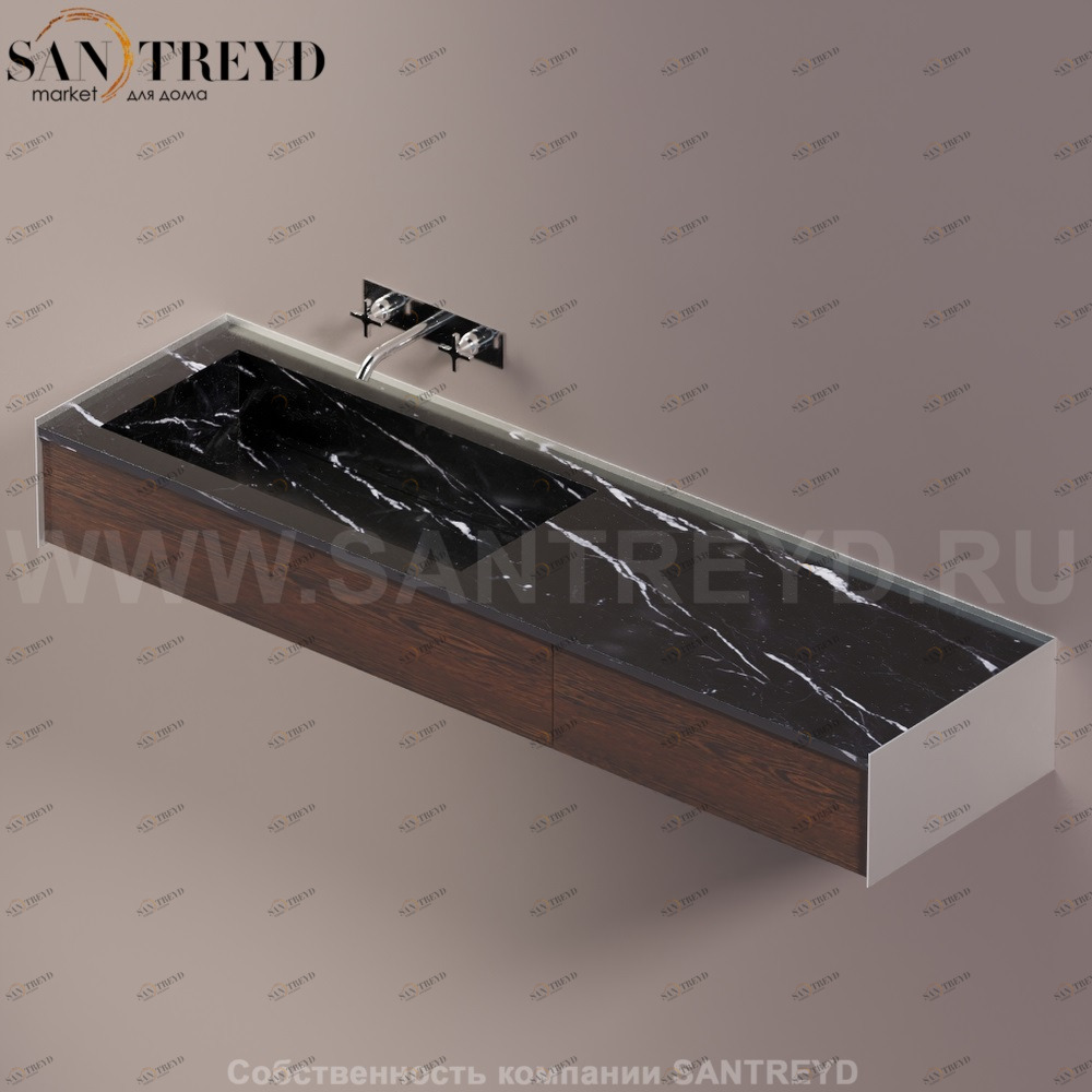 Agape DR Раковина столешница 180 см, с 2-мя выдвижными ящиками. Отделка: хромированный сатин, черный мрамор и коричневый дуб ADRP18SSPNMRU