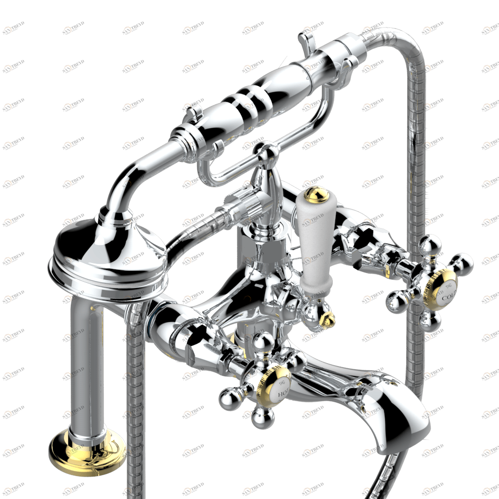 A52-13G Смеситель для ванны/душа устанавливаемый на борту на два отверстия с душем и шлангом - 150 мм между центрами Thg-paris Broadway Хром-золото A52 13G CAT.A