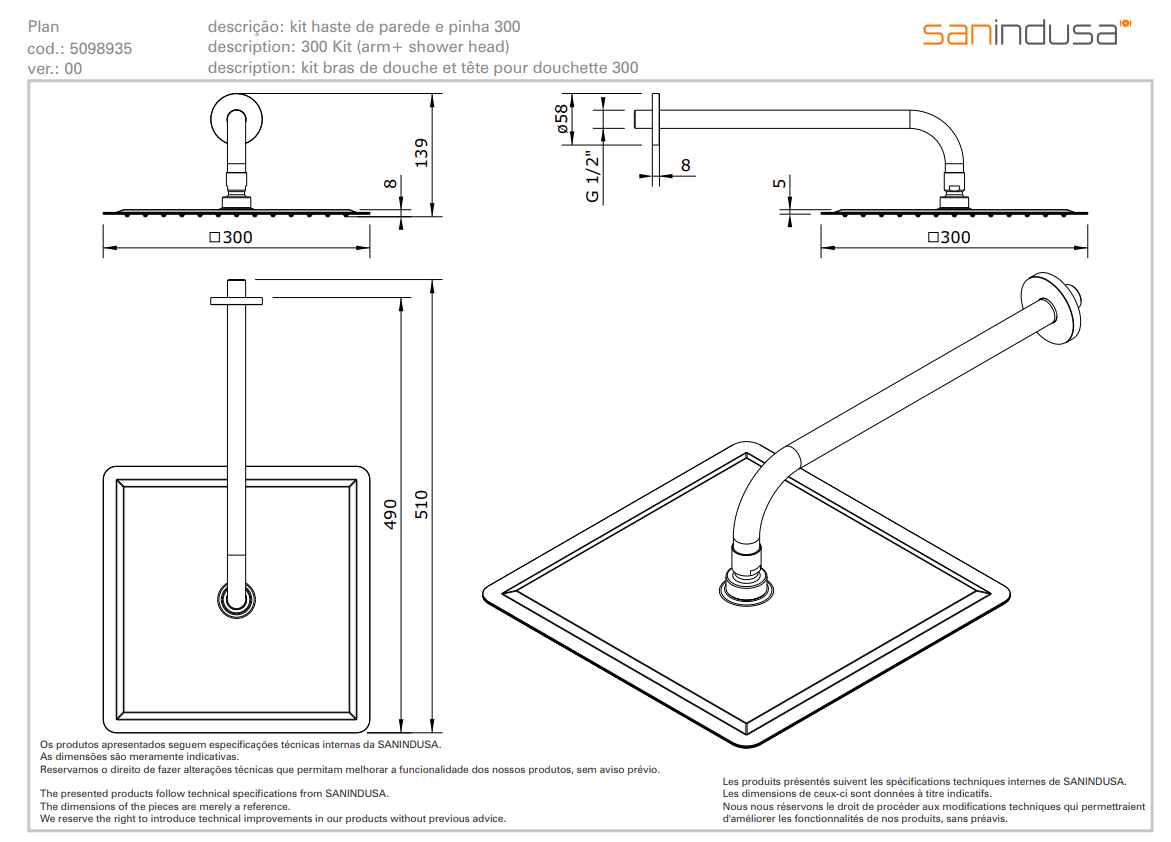 Верхний душ 300x300 mm  Sanindusa Plan 509893511 - Вид №1
