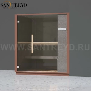 Effegibi ONE H LO60030007 Хаммам. Установка: в правый угол. Правая дверь. Мощность: 4,5 кВт макс. Размеры: длина 214 см, ширина 171 см. Отделка: матовый лакированный коричневый аллюминий и темный ламинат из керамогранита.