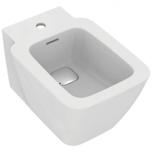 T297101 Подвесное биде, 1 отверстие под смеситель, с отверстием перелива, с керамической накладкой слива (T854601), с крепежом для полностью скрытого монтажа Ideal Standard STRADA II