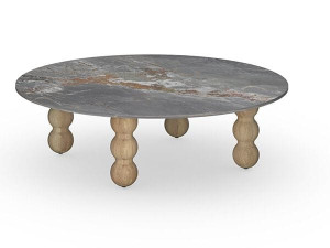 Круглый журнальный столик с ножками из тикового дерева и столешницей из спеченного камня