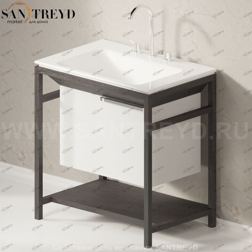 Раковина столешница с деревянной консолью темный дуб OTTOCENTO XL с 3 отверстиями белая Agape AMXL081C03RW