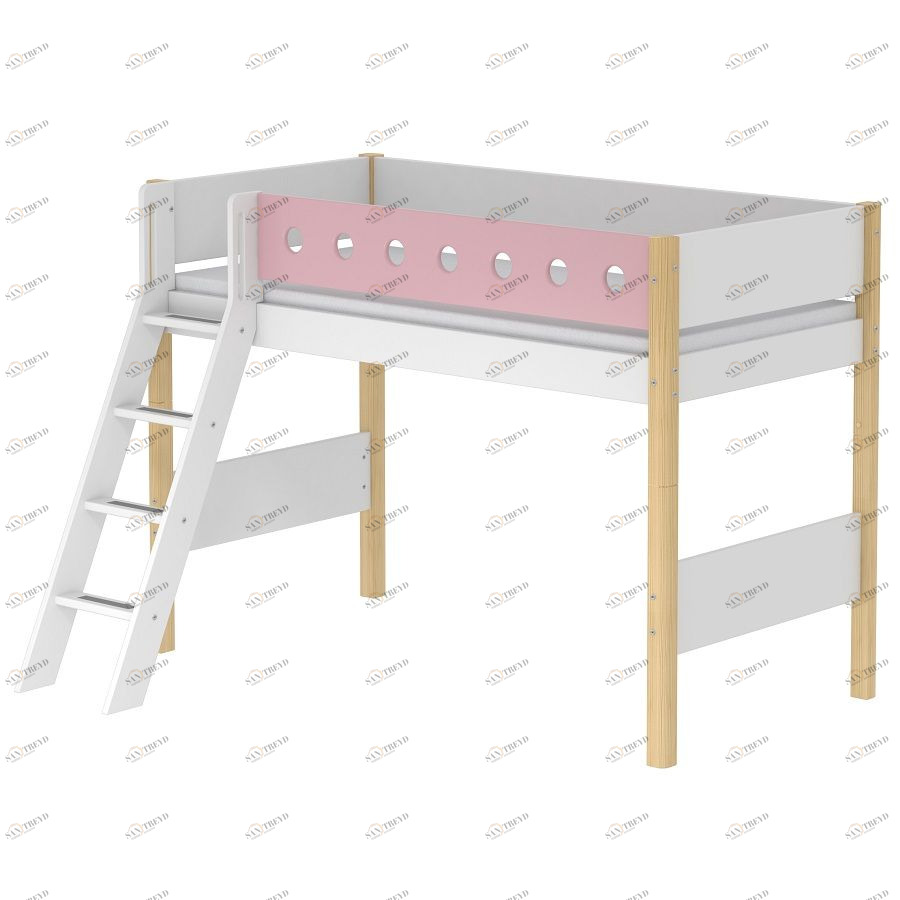 Кровать Flexa White полувысокая с наклонной лестницей, 200 см, розовая лакированная 801732821