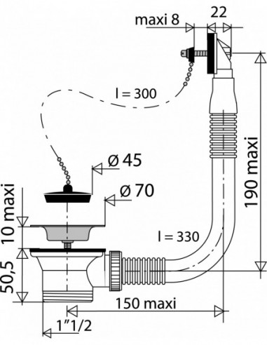 715100 000 00  Слив для раковины Д. 50 мм, с цепным ограничителем и переливом, зажим 0/10 мм, черный Valentin Чернить  - Вид №2