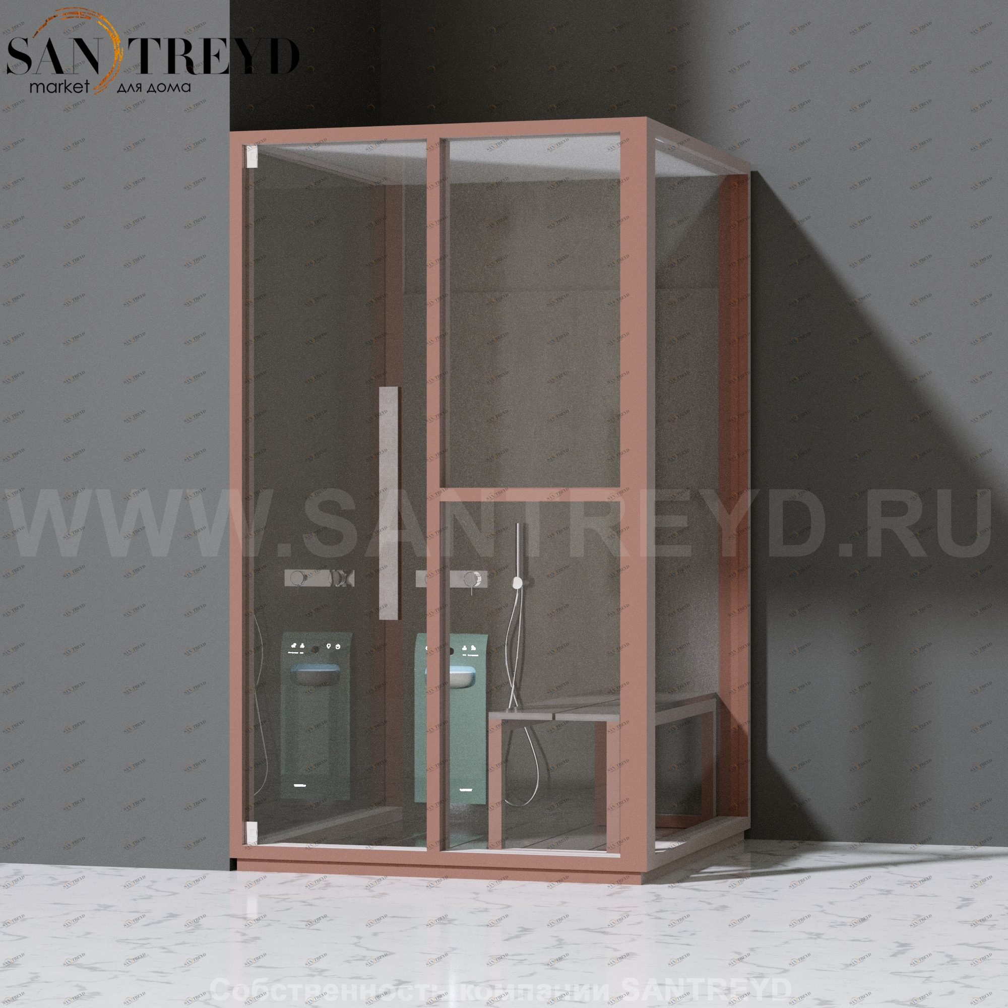 Effegibi H SMALL LO82030003 Комбинированная баня: хаммам и душ. Установка: в левый угол. Правая дверь. Мощность: 3 кВт макс. Размеры: длина 131 см, ширина 92 см. Отделка: матовый лакированный коричневый аллюминий и темный ламинат из керамогранита.