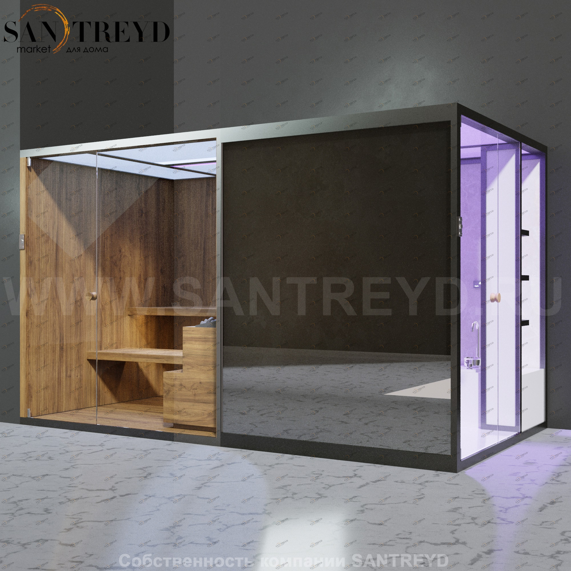 Effegibi BODYLOVE SH BL45210006 Боковая комбинированная баня: хаммам и сауна. Установка: в левый угол. Мощность: 15 кВт макс. Размеры: длина 393 см, ширина 176 см. Отделка: термообработанная древесина, светлый керамогранит и зеркало.