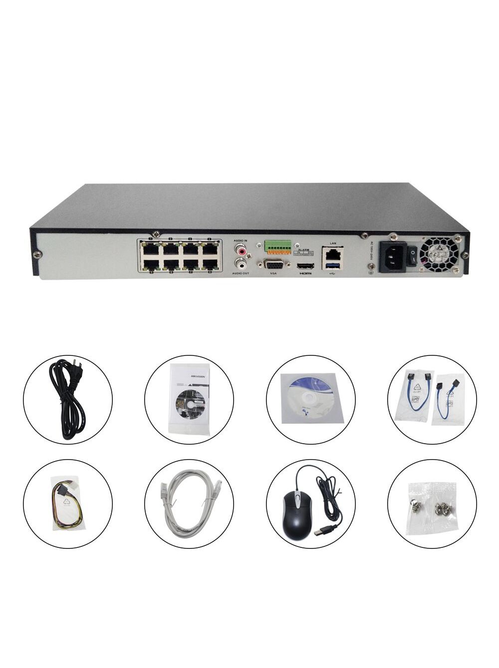 DS-7608NI-K2/8P 8-ми канальный ip-видеорегистратор с poe, видеовход 8 каналов, аудиовход 1 rca, видеовыход 1 vga 1080р, 1 hdmi 4к, аудиовыход 1 rca, вх поток 80мб/с, исх поток 160мб/с, разрешение записи до 8мп, синхр.воспр. 2 канала@8мп, 2 hdd 6тб, трев 4 Santreyd  - Вид №3