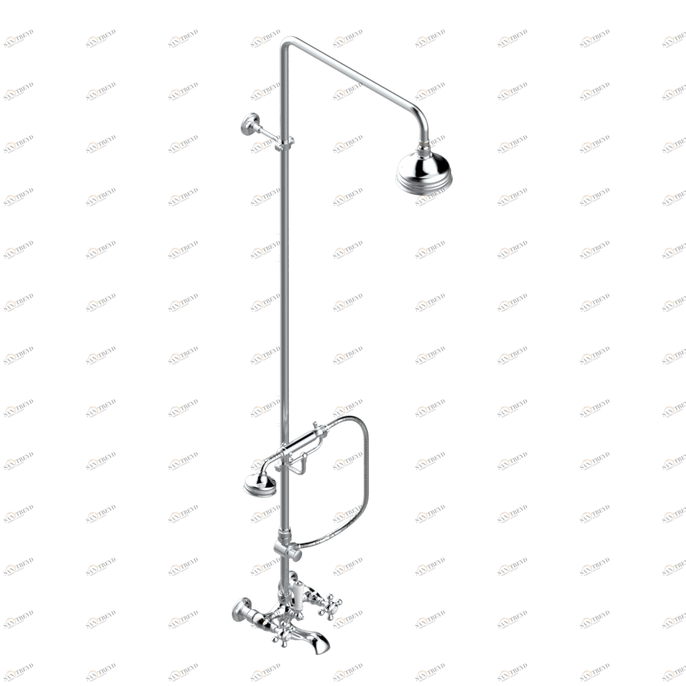 G25-13BCD Смеситель настенный для ванны/душа 1/2" с расстоянием между вентилями 150 мм (+ или - 22 мм), с душевой колонной с переключателем, настенной скобой, ручным душем, шлангом 1.5 м, держателем на стержне и 120 мм верхним душем Thg-paris 1900 Хромиро G25 13BCD  A02 CAT.A
