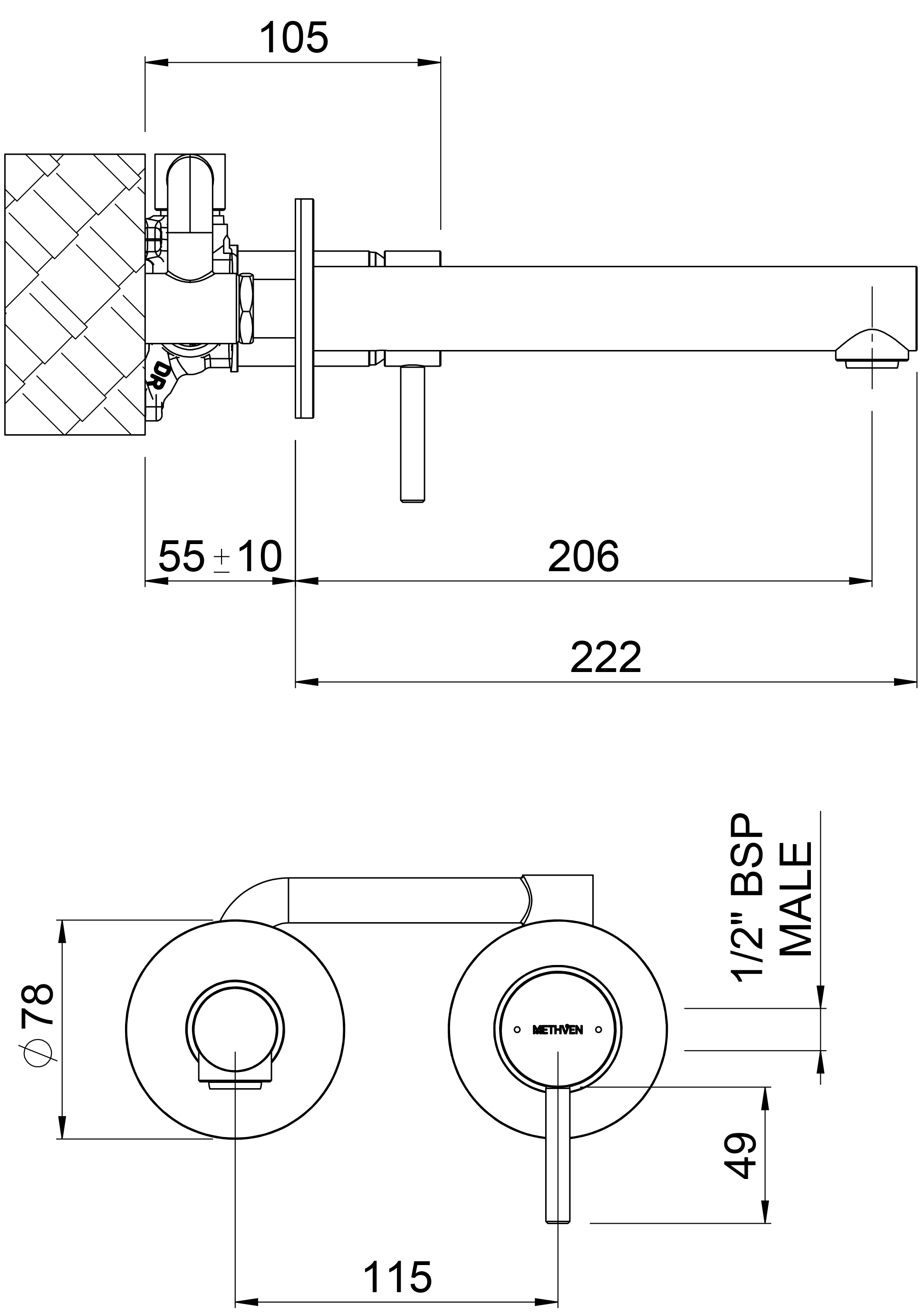 TUWBGR Смеситель для раковины настенный с изливом Turoa Methven Матовый графит  - Вид №1