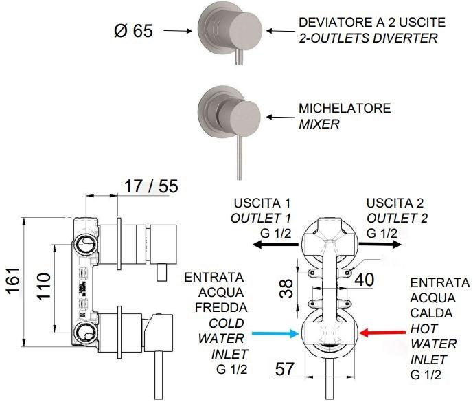 Remer Rubinetterie Смеситель для душа из нержавеющей стали на 2 отверстия с переключателем X style inox Ss x 92 p, ss x 93 p - Вид №2
