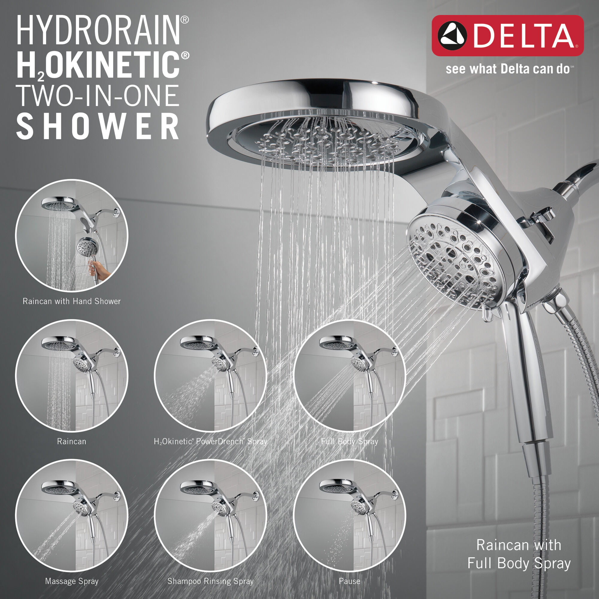 58680-PN HydroRain® H2Okinetic® 5-регулировочная душевая лейка два в одном Delta Faucet Universal Showering Полированный никель  - Вид №2