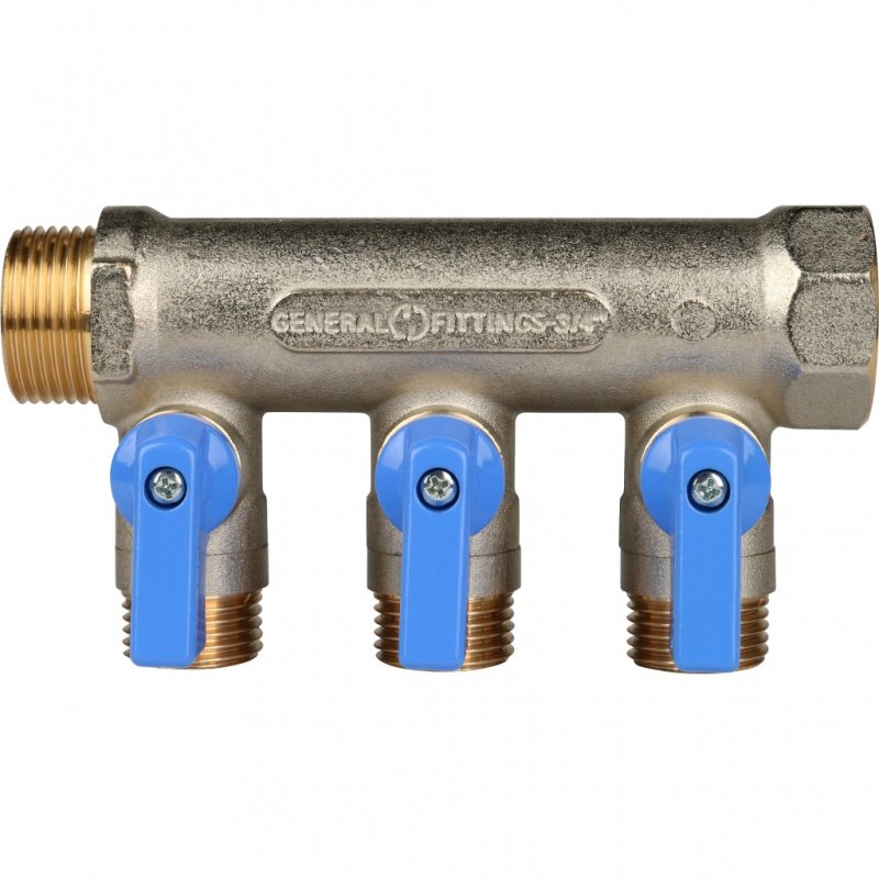 Коллектор с шаровыми кранами 1" STOUT 3 выхода 1/2", синие ручки SMB6201011203 - Вид №1