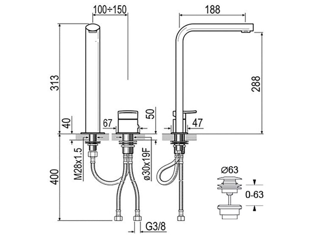 Однорычажный смеситель для раковины с 2 отверстиями GUGLIELMI RUBINETTERIE AG ARCH-00003933 - Вид №1