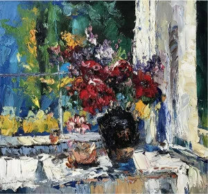 Картина на холсте 100х100 см "Цветы в окне" EVENHOME КАРТИНЫ МАСЛОМ 129904 Голубой;зеленый;красный