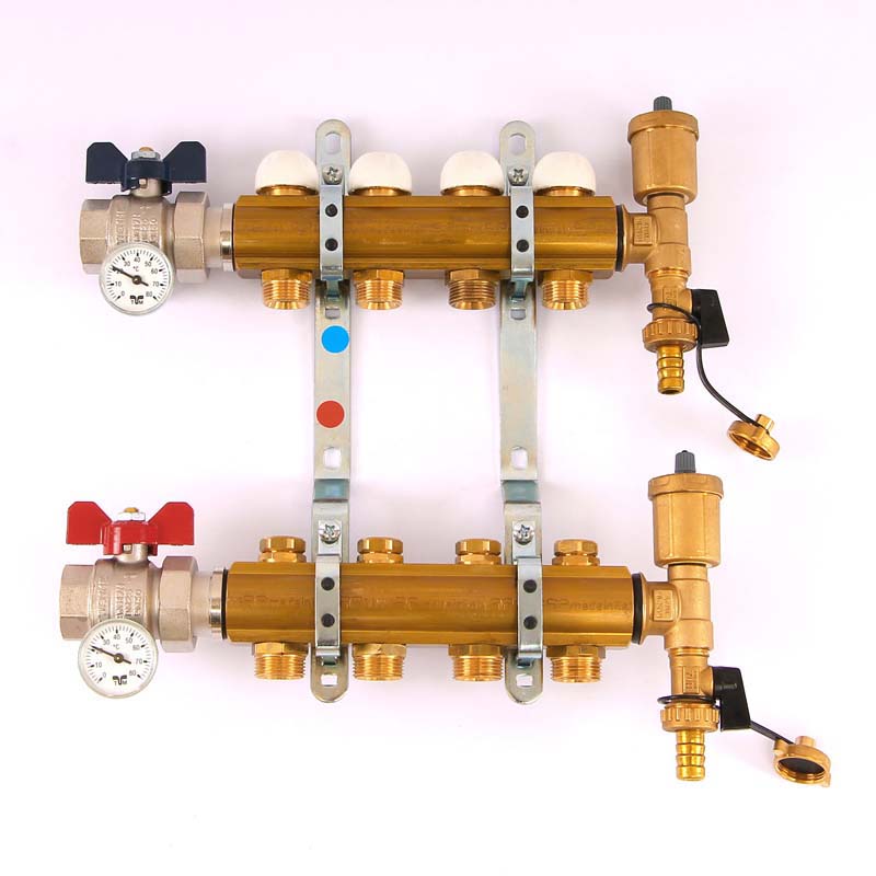Коллекторная группа с кронштейнами, регулировочными и термостатическими вентилями TIEMME 1"x3/4"ЕК 4 выхода 3870012