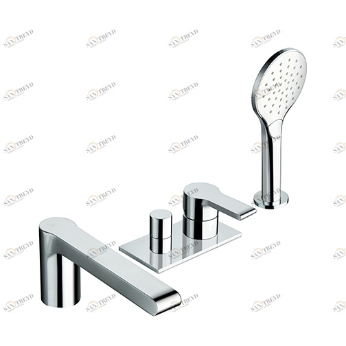 CRIDE121 Смеситель для ванны, устанавливаемый на палубе, на 4 отверстия, с переключателем, изливом, выдвижным ручным душем с защитой от известкового налета, 3 функциями, FOLLOW ME и металлической пластиной Cristina Rubinetterie 