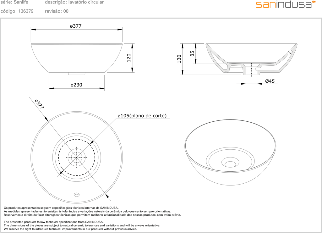136379004 Накладная раковина на столешницу  круглая Sanindusa  - Вид №1