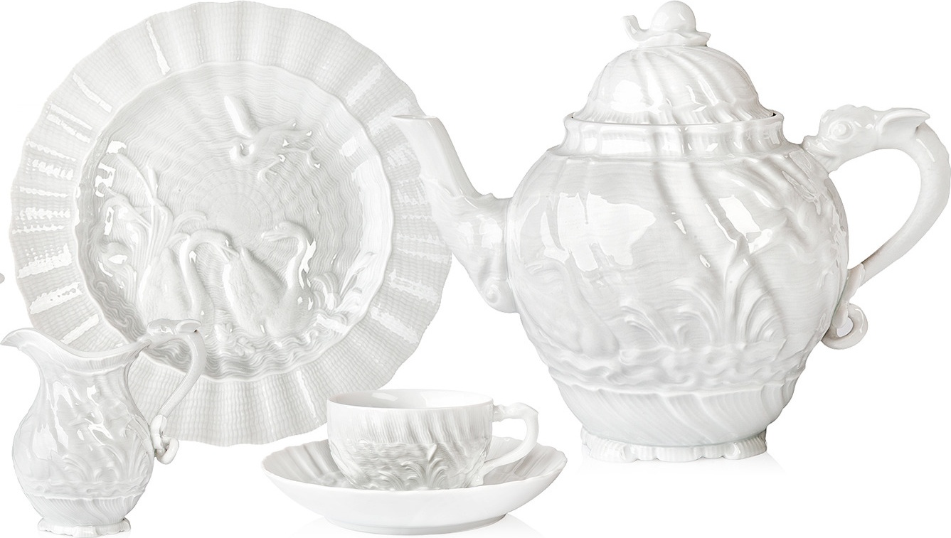 10664294 Meissen Сервиз чайный "Лебединый сервиз" (белый рельеф) на 6 персон 21 предмет Фарфор, Керамика 