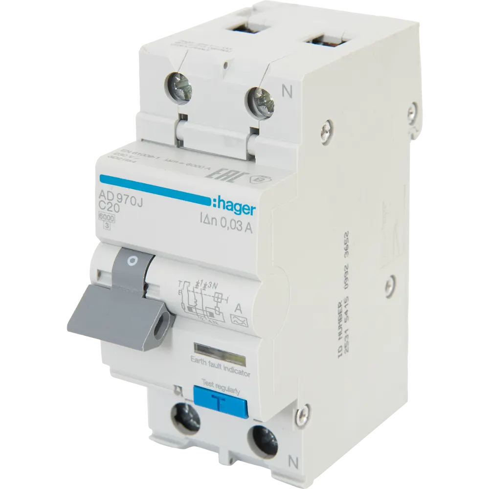 Дифференциальный автомат Hager AD970J 1P N C20 A 30 мА 6 кА A STLM-2170135