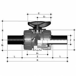 SANIT 852750210723162 2-ходовой шаровой кран d20-63, VKR DualBlock®, PVC-U, PE 100-LS-образный вырез, ЭПДМ