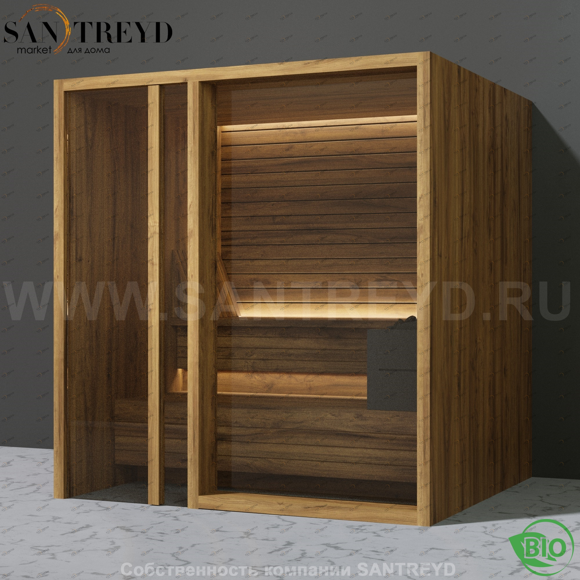 Effegibi YOKU.G80 BI.70300012 Био-сауна с левой дверью. Мощность: 9 кВт макс. Размеры: длина 202 см, ширина 180 см. Отделка: термообработанное дерево BI70300012