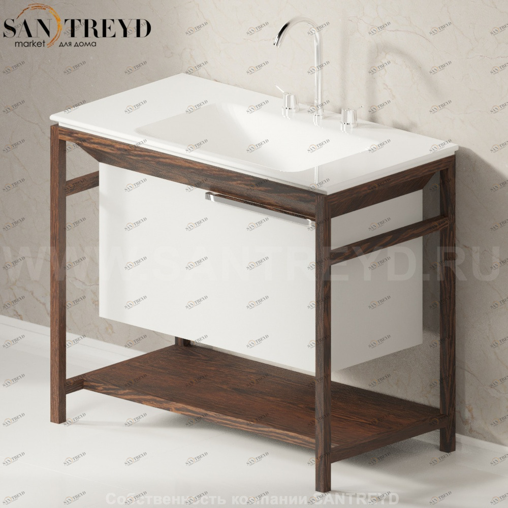 Раковина столешница с деревянной консолью коричневый дуб OTTOCENTO XL с 3 отверстиями правая белая Agape AMXL101D3RU