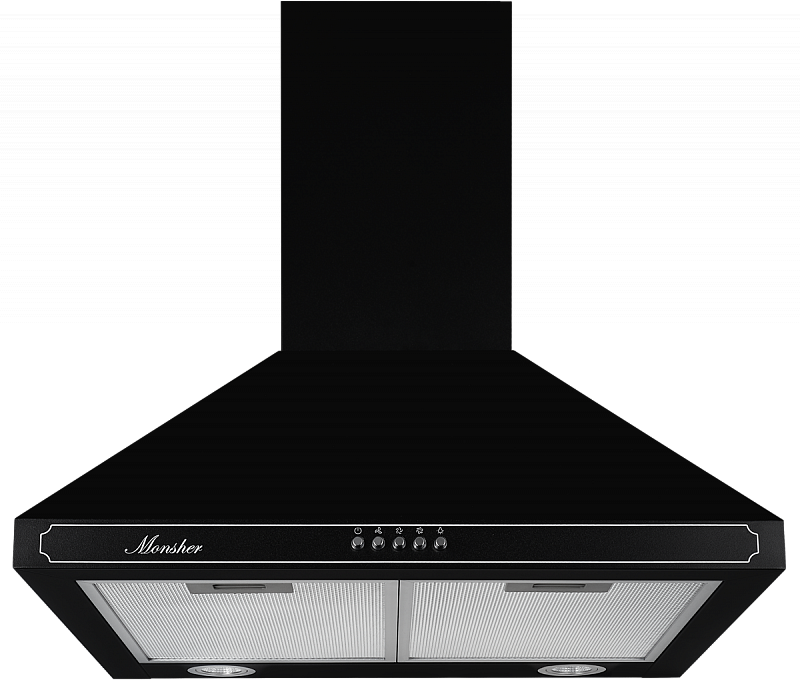 TOP 60 B Настенная вытяжка купольная, ширина 60 см, отвод/рециркуляция, 800 м3/час, механическое управление, таймер, 3 скорости, светодиодное освещение 2 х1.5 вт, металлические жироулавливающие фильтры, угольный фильтр (опция), 66 дб, цвет: чёрный Monsher Santreyd 