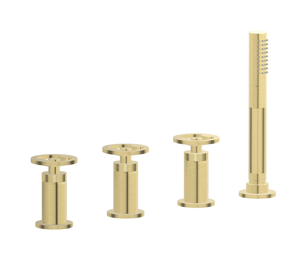 Смеситель на бортик ванной на 4 отверстия с изливом, дивертером и душевым гарнитуром. WE ARE IB b1397is Brushed Pale Gold Bold