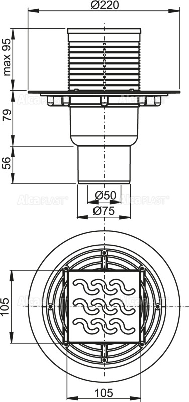 Сливной трап 105×105/50/75 мм прямой сток, решетка из нержавеющей стали, гидрозатвор мокрый ALCAPLAST APV202 - Вид №1