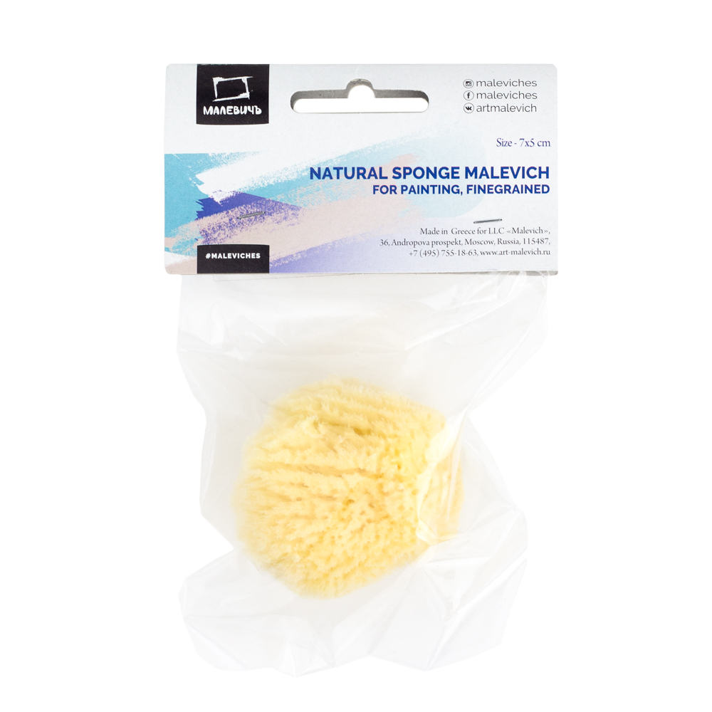 195030 Губка натуральная (спонж для красок) 7х5 см 16 см х 10 см х 4 см мелкозернистая Малевичъ 
