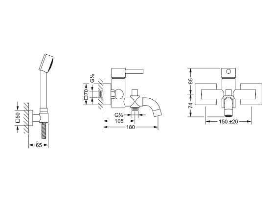 Смеситель однорычажный для ванны ½“ с душевым гарнитуром, настенный монтаж JOERGER Charleston Square 634.20.500.000 - Вид №1