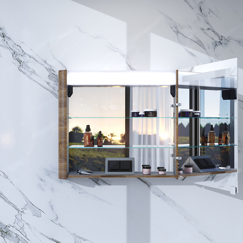 M30MCL0801NF зеркало зеркальный шкаф левый 80 см с подсветкой орех текстурированная AM.PM Sensation - Вид №1